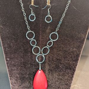Silver-Tone Necklace with Red Teardrop Pendant